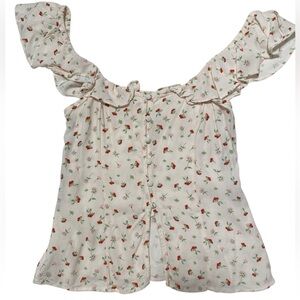RUFFLE-TRIMMED TOP floral cream color